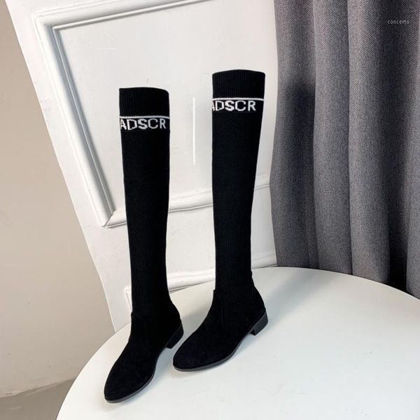 

2021 winter new women shoes pointed toe over the knee woman long boots warm fur fashion female boots low heels black sock1