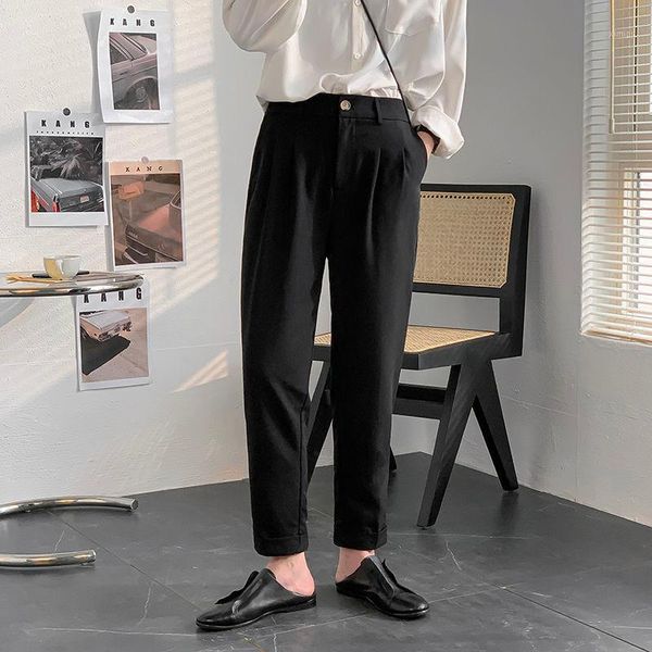 

2020 men's slim fit casual pants fashion apricot straight pants business design cotton trousers silk formal black suit1, White;black