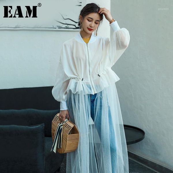 

eam] 2019 new spring summer stand collar long sleeve hem mesh split joint loose long shirt women blouse fashion tide ju1881, White
