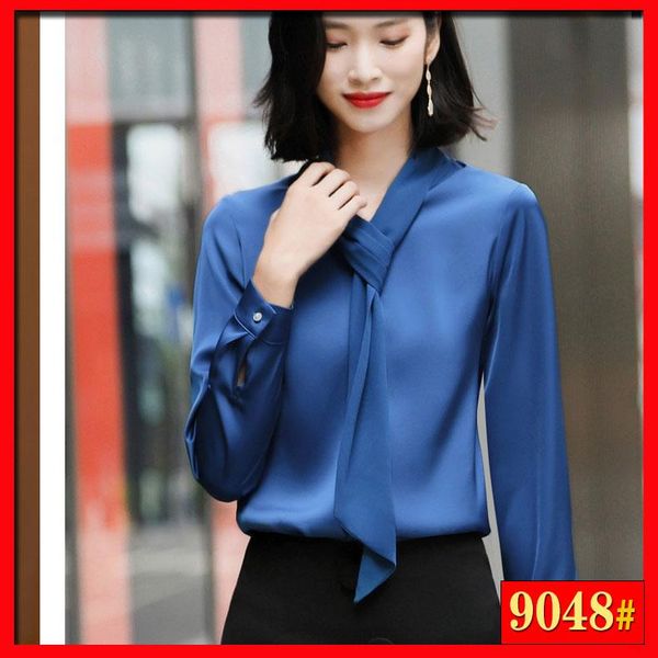 

blue shirt female design feeling small autumn coat western style fashion temperament of acetate satin ribbon chiffon blouse, White