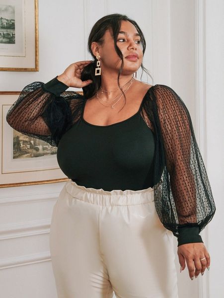 

plus contrast dobby mesh lantern sleeve scoop neck bodysuit f5su#, Black