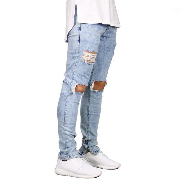 

men jeans stretch destroyed ripped design fashion ankle zipper skinny jeans for men e50201, Blue