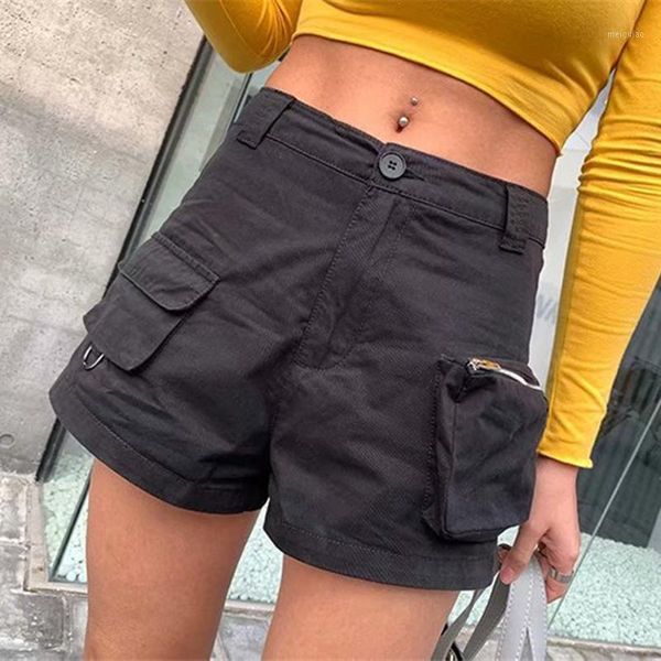 

summer new street fashion zipper pocket solid color tooling shorts women, high waist slim thin casual wild shorts women1, White;black