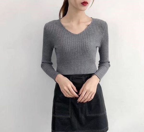 

vipwomen's simple new korean version of versatile slim fit v-neck bottomed t-shirt pullover long sleeve tight top, White;black