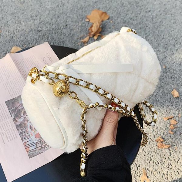 

shoulder bags lattice bucket crossbody bag 2021 winter high-quality soft plush women's designer handbag chain messenger