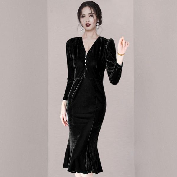 

casual dresses women designers clothes 2021 dress fashion v-neck black pearl button waist mermaid skirt, Black;gray
