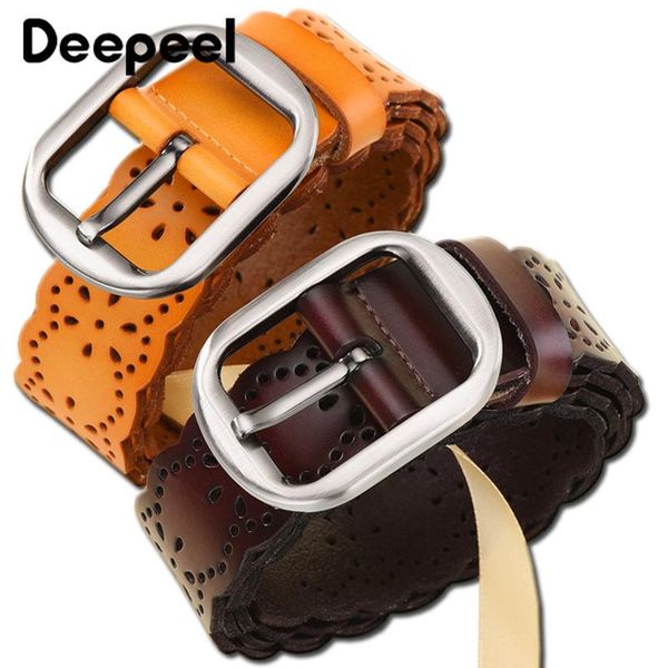

deepeel 1pc 3.8x105-120cm female hollow flower genuine leather belt women's pin buckle decorative belt apparel accessories yb185, Black;brown