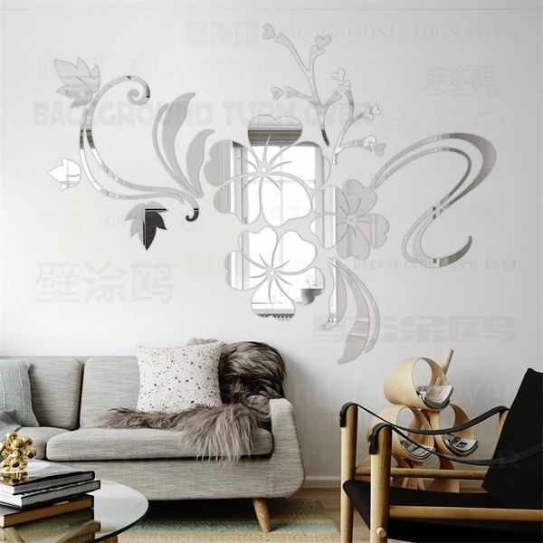 Miroir Stickers Muraux Autocollant Chambre Décoration Décor Chambre Maison Papier Peint Pour Murs En Rouleaux Hibiscus Feuille Fleur Pétales R076 201201