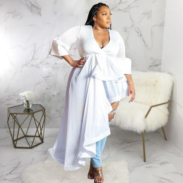 

women white deep v-neck blouse flare sleeve ruffles long irregular shirt casual plus size 1