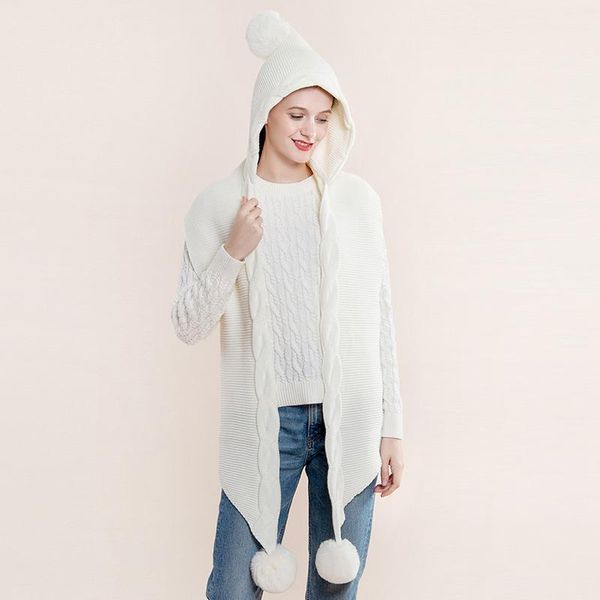 

scarves wool ball hat scarf one shawl dongdaemun 2021 autumn and winter hooded knitted women, Blue;gray