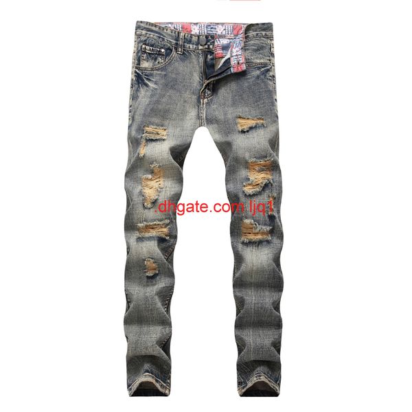 

new style men's nostalgic jeans with holes, straight tube, slim fit, big holes and big size jeans, Blue