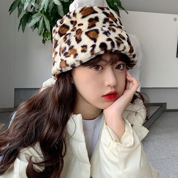 

women winter thicken fuzzy plush warm dome bucket hat leopard animal printed harajuku bell-shaped travel packable fisherman cap, Blue;gray