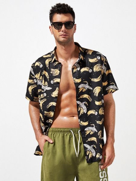 

extended sizes men random banana print shirt 25go#, White;black