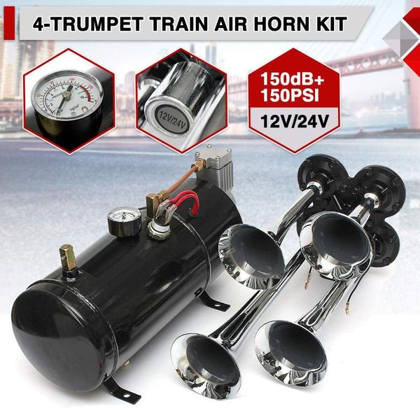 

12v universal 4 trumpet air horn compressor tubing 150.2 db for motorcycle trucks boats car