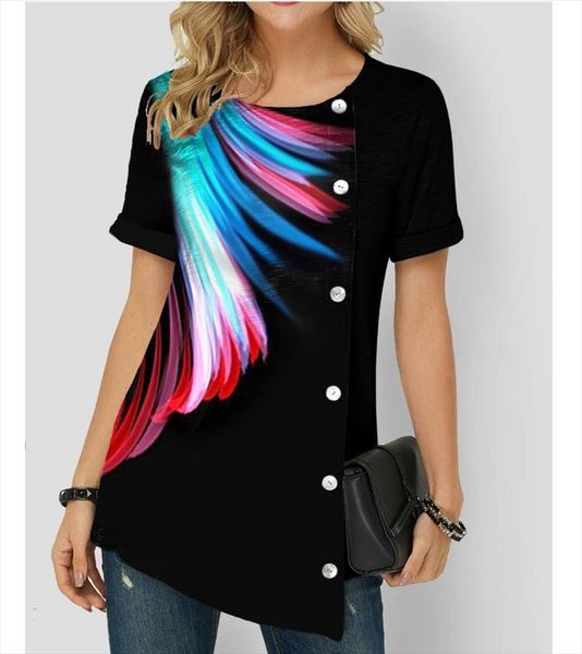 

3d feather printed shirt blouse women short sleeve summer shirt tees large sizes 5xl ladies buttons short sleeve 3d, White