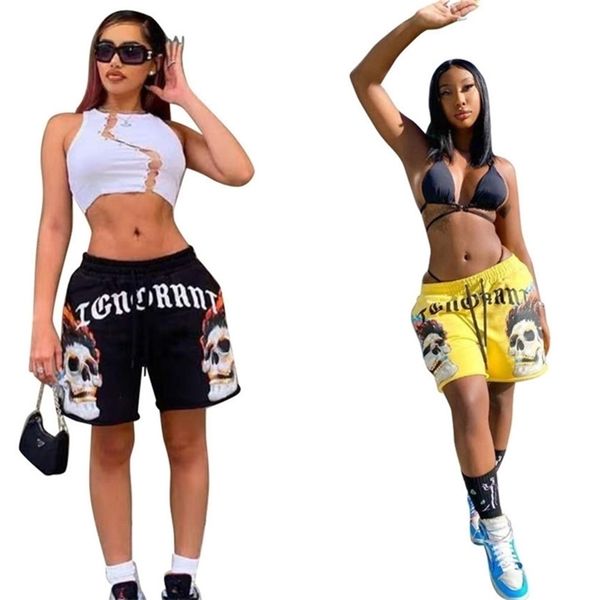 

2021 summer skull letters printed women's loose shorts casual double pocket fifth pants fashion girls sports wide leg shorts cloth h127, White