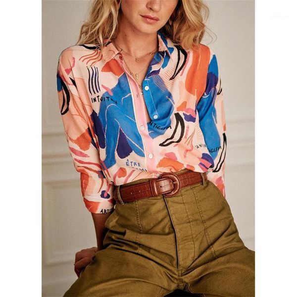 

women's blouses & shirts women shirt abstract oil painting print 2021 early spring silk cotton sweet1, White