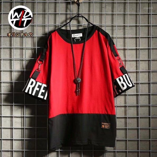 

short-sleeved t-shirt male hip-hop street tide brand loose middle sleeve high street stitching five-point sleeve tide clothes1, White;black