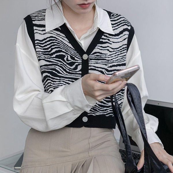 

women's vests soft sweater vest women 2021 autumn korean style vintage zebra striped v neck sleeveless cardigan short knitted waistcoat, Black;white