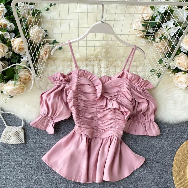 

girls short puffed sleeves 2020 women new fashion sweet folds high waist thin halter blouse shirts l8461, White