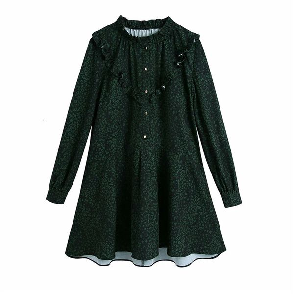 

2021 new green printed mini women high neck long sleeve ruffle short dress woman autumn winter button loose casual dresses y3t1, Black;gray