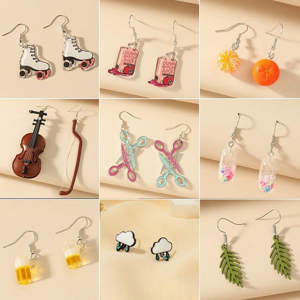 

dangle & chandelier colorful acrylic cloud fruit snack pendant drop earrings for women cute violin cartoon korean fashion girl gift, Silver