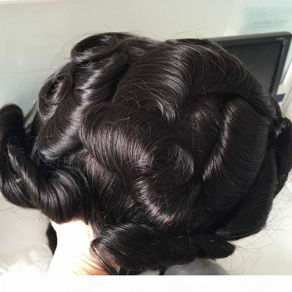 

wavy full thin skin men toupee brown color 6# 32mm wave european human hair full pu replacement for men ing, Black