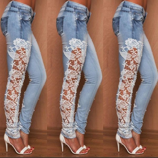 

38# 2020 women elegant denim pencil skinny jeans female fashion plus size lace floral crochet hollow-out jeans, White;black