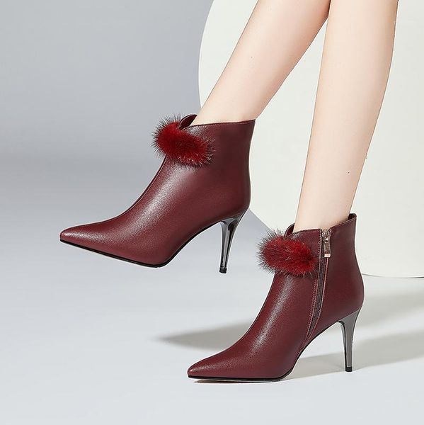 

genuine leather pointed toe women ankle boots autumn winter warm high heels shoes woman elegant office pumps1, Black