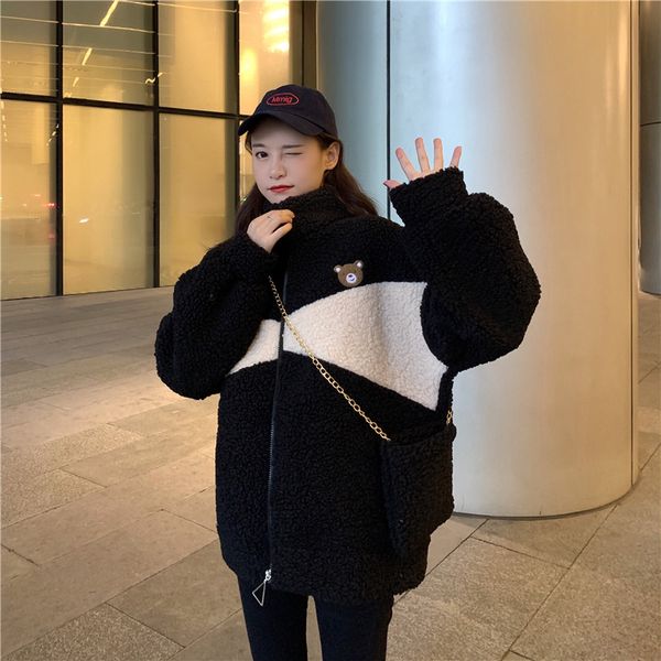 

women designers clothes 2020 fashion cartoon contrast color lambs wool thicken loose type long sleeve women cotton-padded clothes woman coat, Black;brown