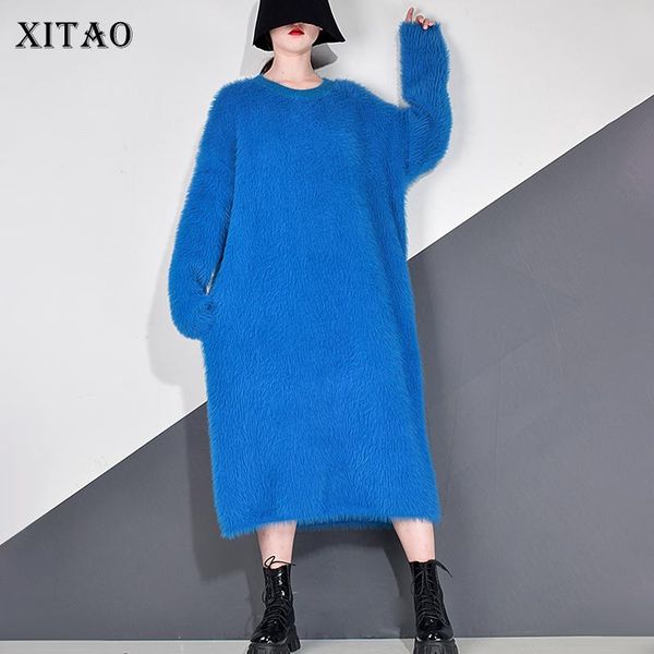 

xitao knitted dress women long full sleeve solid color casual style 2020 winter pleated elegant minority loose dress zy1805, Black;gray