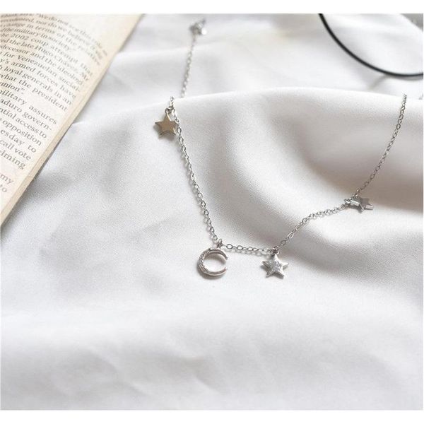 

s925 simple temperament stars moon necklace necklace korean new zircon pentagram star crescent choker sqcdiy dh_seller2010, Silver