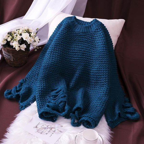 

women's sweaters 2021 spring autumn women ripped knitted sweater round neck loose casual pullovers ladies solid color y226, White;black