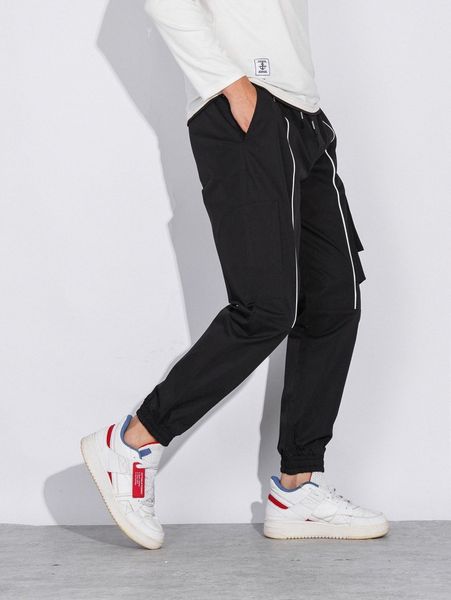

men contrast seam flap pocket side drawstring waist pants y6pd#, Black