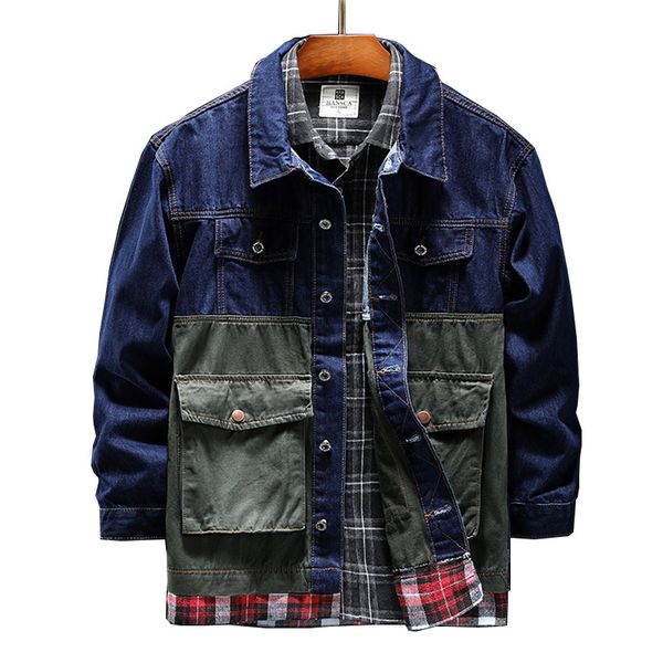 

denim men's autumn new japanese fashion brand loose thick stitching fake two-piece work jacket, Black;brown