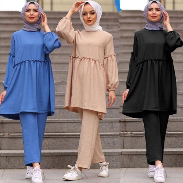 

2 gentle soft muslim garments kaftan grotesque islamic clothes and maten dames kleding set femme mussulmane f1780, White