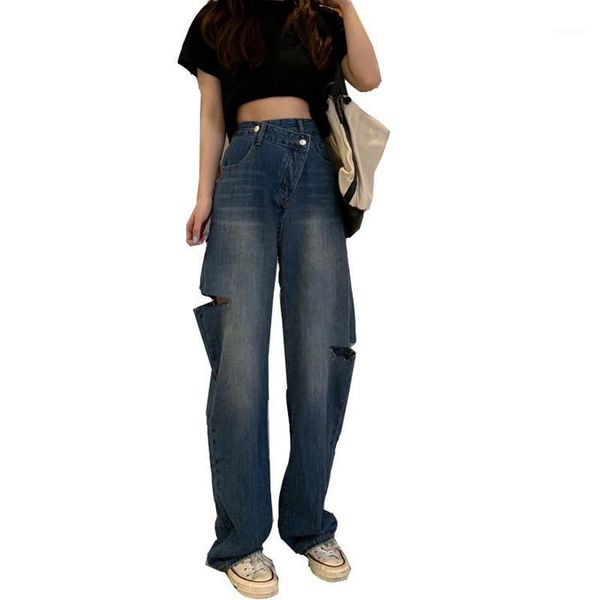 

spring and summer irregular ripped jeans new high waist slimming straight loose fashion casual trendy ripped jeans for women1, Blue