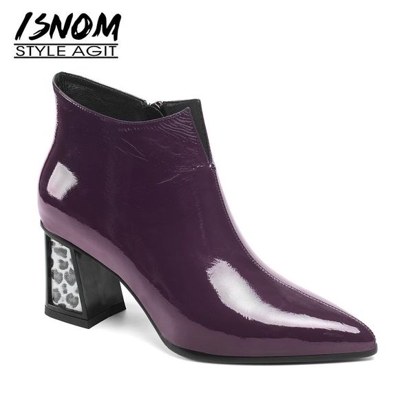 

isnom high heels leopard ankle boots women cow leather boot pointed toe shoes female fashion zip office shoes ladies winter, Black