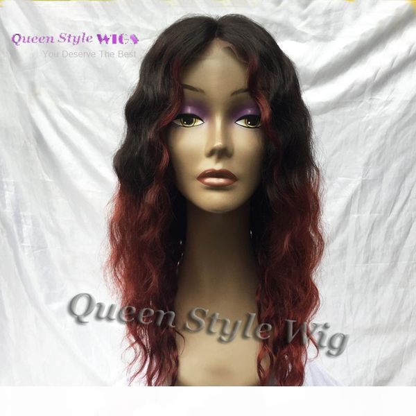 

100% brazilian curly hair wig soft smooth virgin human hair half hand tied lace front wigs black ombre dark red burgundy, Black;brown