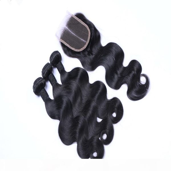 

malaysian hair with closure 3 or 4pcs body wave human hair weft with closure royalty hair products, Black