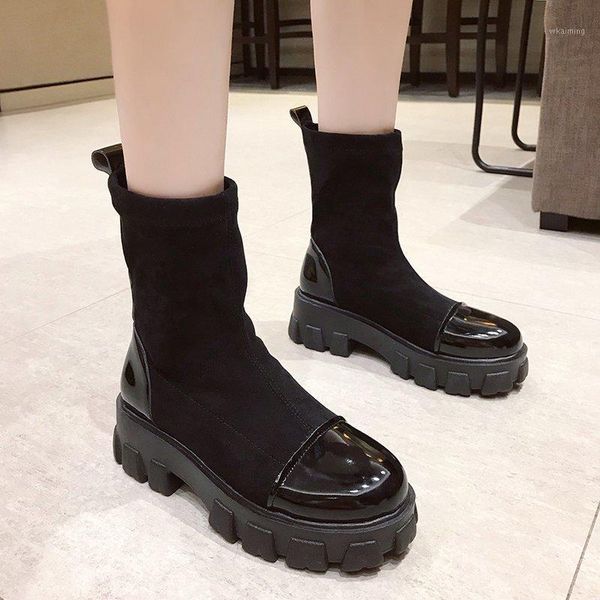 

women's rubber boots platform shoes boots-women luxury designer round toe rain mid calf 2020 fashion med autumn1, Black