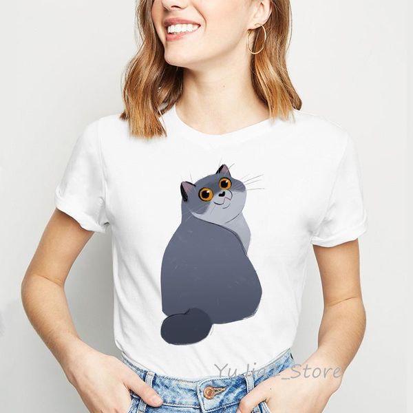 

kawaii fat cat animal print t-shirt femme summer 2021 cute fashion funny t shirts women white cat pet lover tshirt clothing
