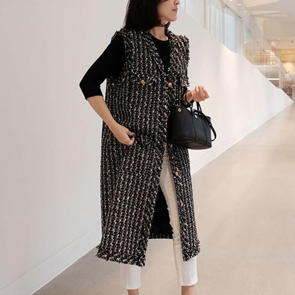 

deat] 2020 spring autumn new fashion tide single-breasted v-neck splicing long sleeveless temperament women vest 13u4761, Black;white