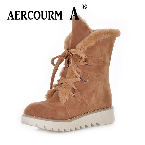 

boots aercourm a women round toe platform plush snow lace up keep warm footwear cotton shoes lady ankle size 34-39, Black