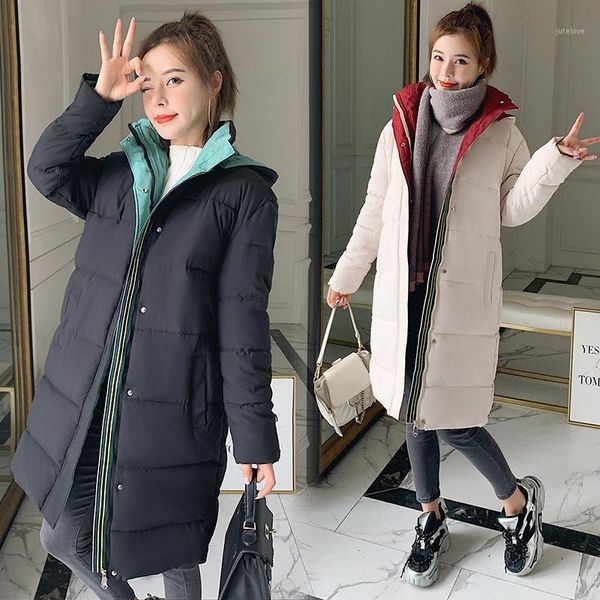 

2021 women's winter jacket long hooded down cotton jackets korean loose women padded jackets female solid color clothing warm1, Black