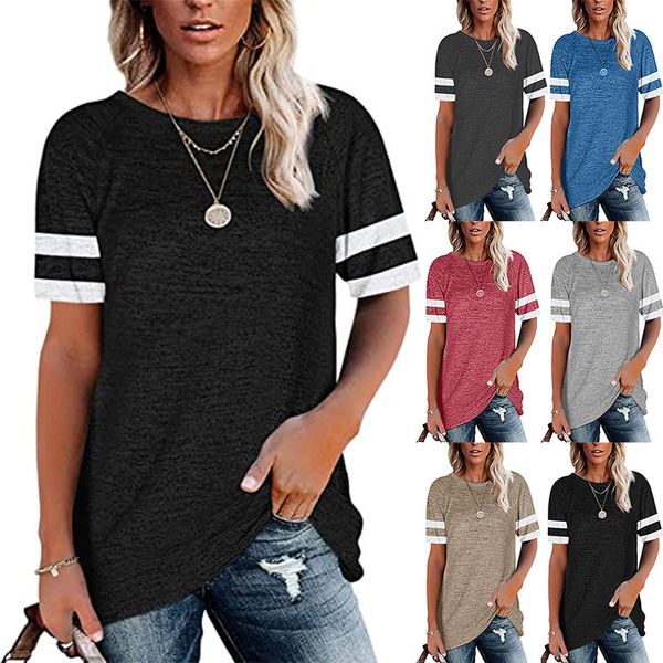 

2021 women's new splicing round neck casual t-shirt short sleeve loose top, White