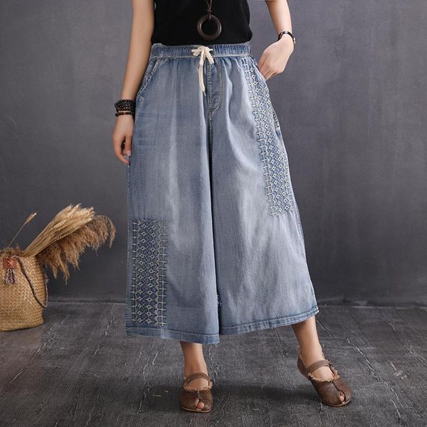 

women's jeans summer spring casual denim wide leg trousers women oversized retro distress high waist cotton cropped jean pants de mujer, Blue