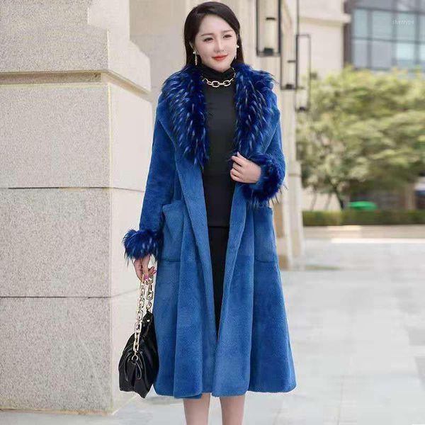 

invierno blue faux fur coat female long detachable fur collar belt faux outwear women 2021 winter pocket black b151