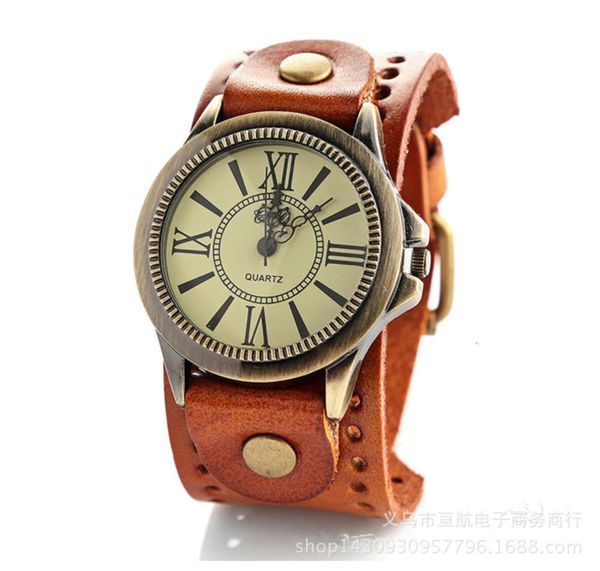 

leather bronze fashion watch trend men's roman scale quartz watch, Slivery;brown