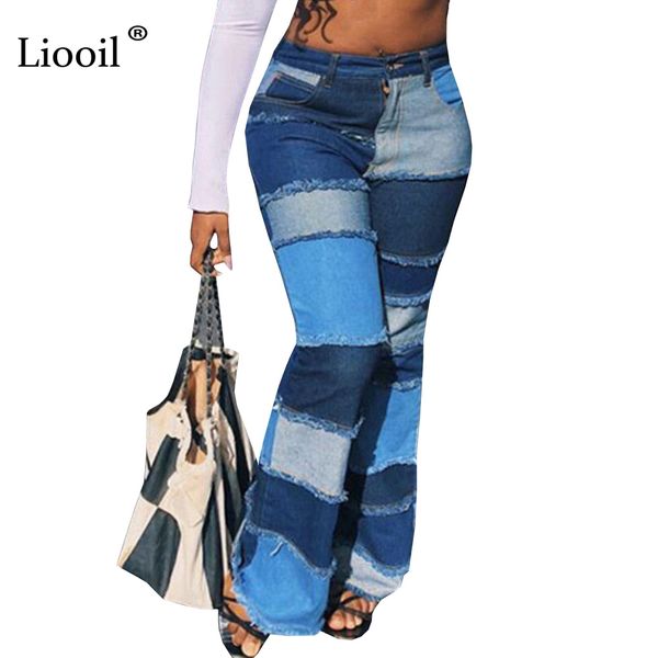 

liooil color block high waist flare jeans with pockets streetwear trousers bell bottoms skinny patchwork denim jean pants 201029, Blue